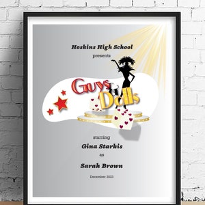 May include: A poster advertising a high school production of Guys and Dolls, starring Gina Starkis as Sarah Brown. The poster features a silhouette of a woman in a showgirl costume, a red star, and the title of the play in gold lettering. The play is scheduled for December 2023.