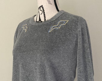 Lightning Bolt Embroidered Sweater Embroidery Bolt of Lightning Embroidered Collar Embroidery Design Trendy Women Velvet Sweater Grey Fleece