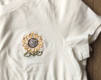 SUNFLOWER tshirt embroidery / hand embroidered flower shirt / yellow flower embroidery design / handmade sunshine gift / gardener shirt