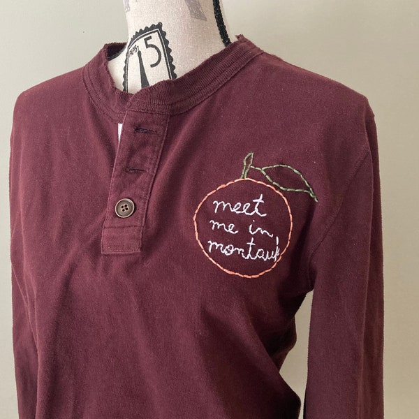 MEET ME in MONTAUK sweatshirt embroidery mens | custom embroidered sweater navy blue + button collar | Eternal Sunshine of the Spotless Mind