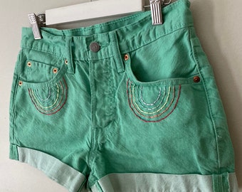 Embroidered Levis Shorts Levis 501 Green Denim Shorts Embroidered Pocket Design Trendy Embroidered Rainbow Embroidery Jean Shorts Levis