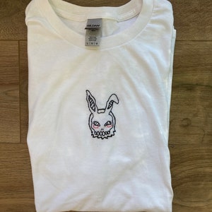 Frank the Rabbit Mask Tee, Embroidered Rabbit Horror Movie Shirt, 90s Cult Classic Shirt, 1990s Horror Movie Gift, Creepy Bunny Embroidery