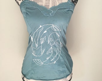 Embroidered Lingerie Silk Camisole Embroidered Koi Fish Japanese Koi Yin Yang Embroidery Design Silk Cami Lace Trim Design Yin Yang Fish