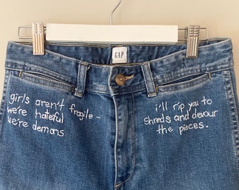 Feminist Quote Jeans GIRLS AREN'T FRAGILE Hand Embroidered Jeans Tumblr Quote Embroidery Design Trendy Embroidered Denim Wide Leg Jeans
