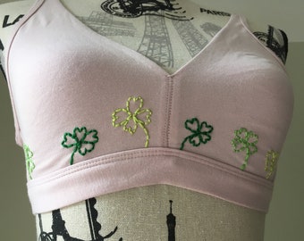 Embroidered Lingerie Pink Bralette Cotton Lingerie Botanical Embroidery Four Leaf Clover Design Botanical Lingerie Floral Lingerie Pink Bra