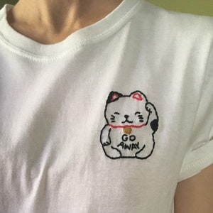 Maneki Neko Cat Shirt, Funny Japanese Cat T-Shirt, Kawaii Cat Shirt Japanese Lucky Cat Embroidery, Funny Go Away Shirt F Off Embroidered Cat