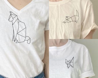 Origami Cat (3 OPTIONS) / custom hand embroider design / japanese fold paper animal art / geometric cat line drawing / abstract kitten neko