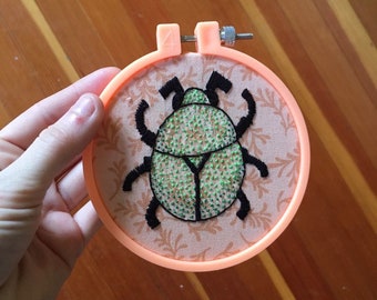 Green Beetle Embroidered Hoop Art Kawaii Video Game Sprite Cute Bug Embroidery Design Geeky Gamer Gift Fruit Beetle Art Pointillism