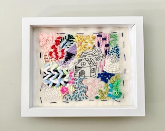 Original Embroidery Art: Colorful Chunky Yarn Texture, Neon Wool Thread Painting, Abstract Colours & Shapes, Textile or Fibre Wall Hanging