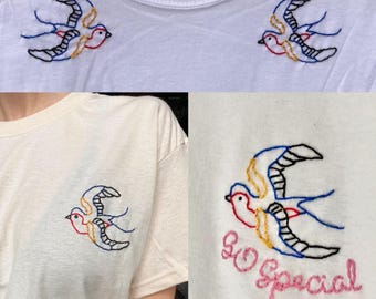 Sparrow Tee: Customizable Tattoo-Style Blue Bird (Swallow) Embroidered on Shirt Collar