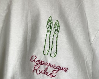 Asparagus Stalk Tee: Stinky Vegetable Embroidery, Eat Your Green Veggie Shirt, Embroidered Cursive Text Top Plant Based Gift for Herbivore T