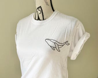 blue whale tee ~ hand-embroidered aquatic mammal ~ minimal line art outline ~ handmade marine biology gift for ocean lover ~ sea animal top