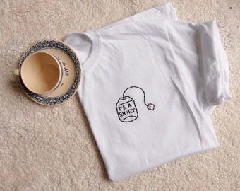 Punny Tea Shirt: Custom Embroidered Tea Bag Graphic Tee, Cute Teabag Tag Embroidery, Cuppa Tea Pun Tshirt Tea Lover Gift Tea Drinker T-Shirt