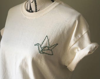 Paper Crane Shirt: Minimal Japanese Origami Bird Embroidery (Adult & Youth, 4 Colors)