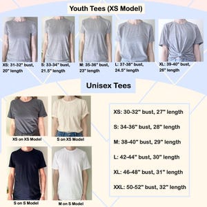 The image is a collage of six images showing different sizes of gray t-shirts, labeled with their corresponding XS Model and unisex tees.