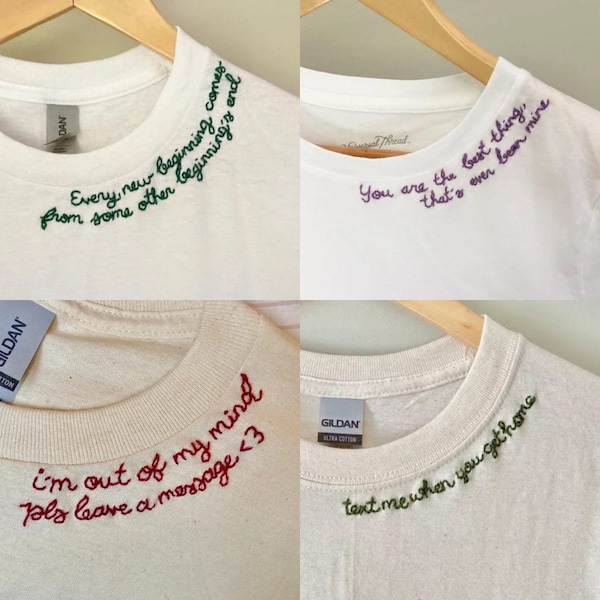Mini Lettering Tee: Custom Collar Wording, Tiny Cursive Font T, Embroidered Neckline, Customizable Phrase, Saying, Quote or Song Lyric Shirt