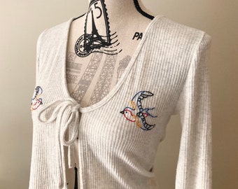 Hand Embroidered Cardigan Bird Embroidery Design Bird Print Cardi Embroidered Sparrow Bird Design Cardigan Tie Front Cardi Long Sleeve