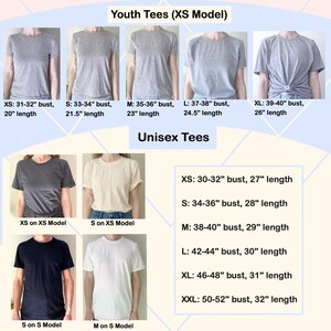 The image is a collage of six images showing different sizes of gray t-shirts, labeled with their corresponding XS Model and unisex tees.