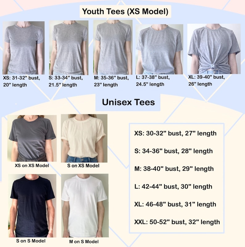 The image is a collage of six images showing different sizes of gray t-shirts, labeled with their corresponding XS Model and unisex tees.
