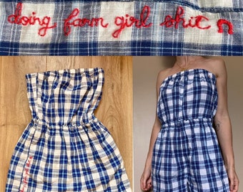 Embroidered Romper with Pockets Blue Plaid Romper Gingham Romper Strapless Romper Country Girl Gift for Farm Girl | "Doing Farm Girl Sh*t"