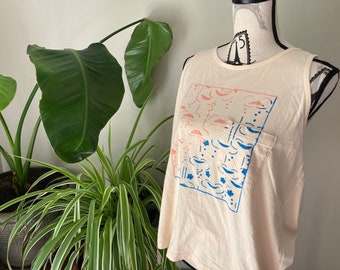 Traditional Japanese Kimono Pattern Tank Top Silkscreen Tanktop Oversized Cotton Tank Japanese Print Shirt Silk Screen Printed Cami