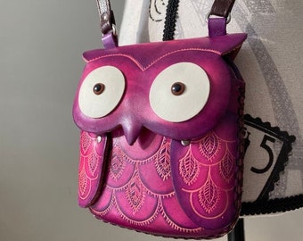 Embossed Leather Owl Bag Leather Crossbody Leather Owl Purse Leather Bird Shaped Purse Genuine Leather Phone Bag Bird Shaped Bag Cowhide