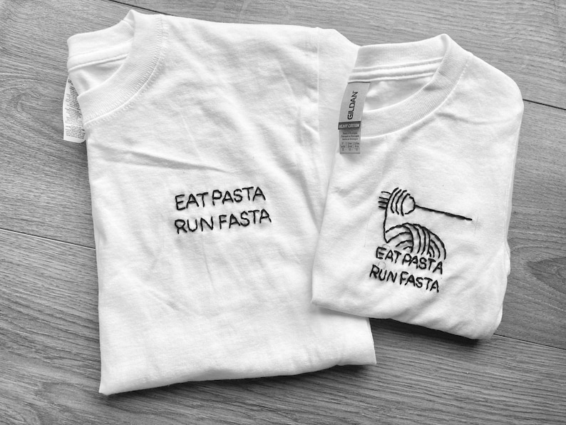 Eat Pasta Run Fasta, Funny Pasta Shirt, Italian Pasta Embroidery, Gift for Pasta Lover Club, Noodle Lover Gift, Embroidered Pasta Print Tee imagen 1
