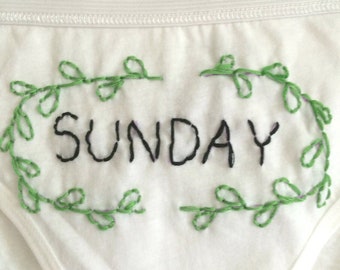 Day-of-the-Week Panties Custom Weekday Underwear | White Cotton Hipster or Bikini Cut | Personalized Lingerie: Saturday, Sunday, Monday, etc