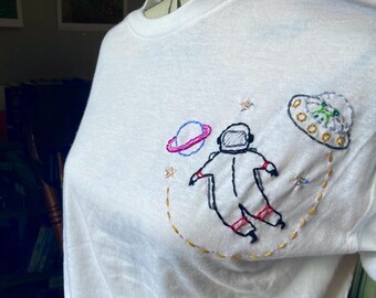 Outer Space Tee: Cute Astronaut Embroidery with Alien UFO & Saturn Planet Shirt