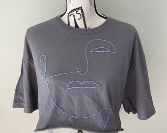 Abstract Embroidery Face Embroidery Face Line Art Embroidery Line Art Matisse Tshirt Oversized Embroidered Crop Top Hand Embroidered Matisse