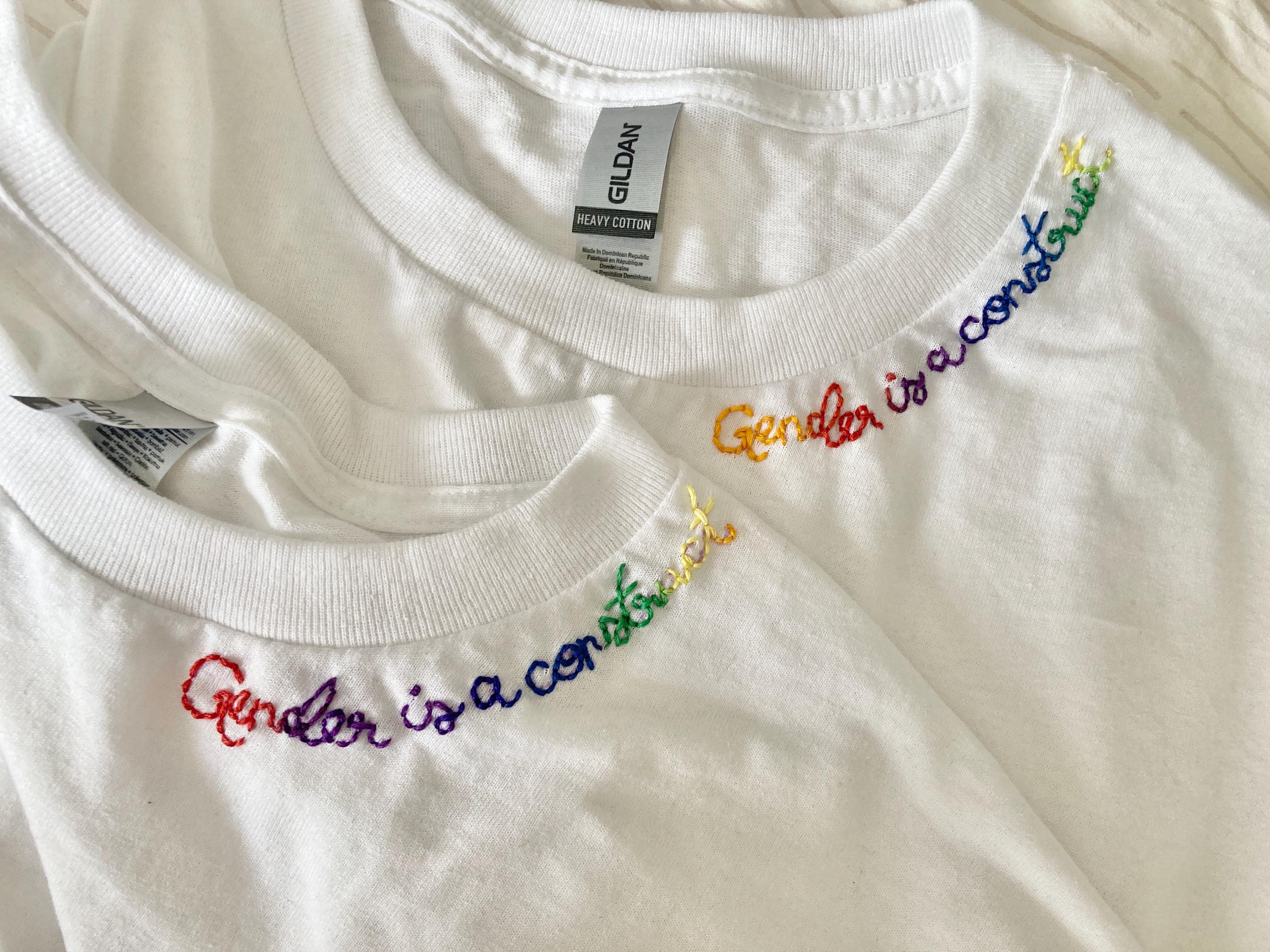 Gender is a Social Construct, Embroidered Rainbow Letter Shirt, Cursive Rainbow Lettering Embroidery, Feminist Quote, Gender Is An Illusion