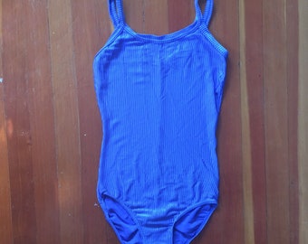 Vintage One Piece Bikini Blue Nylon Swimsuit Ribbed Square Neck Bodysuit Retro Swim Fashion One Piece Swimsuit Blue Cerulean