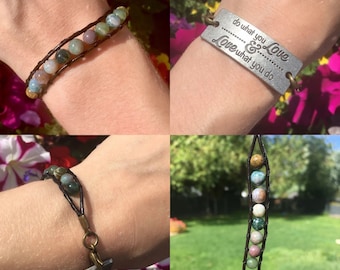 Silver Stamped Bracelet Stone Bead Bracelet Bead Stone Bracelet Leather Braid Cuff Inspirational Quote "Do What You Love, Love What You Do"