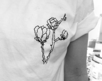 LINE ART ROSE embroidered top / custom embroider shirt woman / line drawing flower embroidery art / minimal flower art black and white