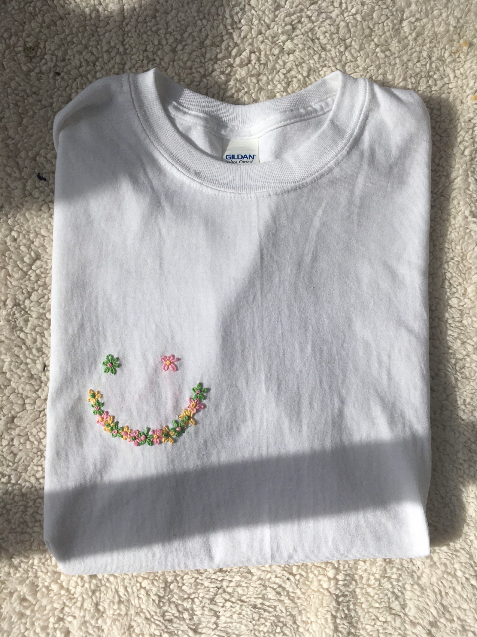 FLOWER SMILEY FACE shirt / hand embroidered tshirt cotton / Etsy