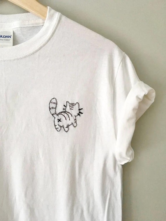 Cat Shirt Funny Cat Gifts for Cat Lovers Gifts Women Embroidered Tshirt Custom Cat Gifts for Cat Mom Gifts Cute Cat Shirt Crewneck Cat Butt