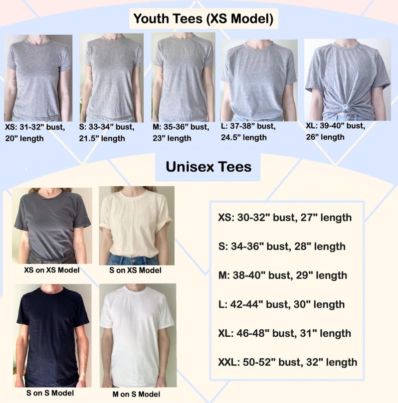 The image is a collage of six images showing different sizes of gray t-shirts, labeled with their corresponding XS Model and unisex tees.