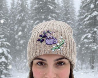 Handbestickte Mütze Stickerei Design Botanische Gestickte Toque Gemütliche Strickmütze Damen Wintermütze Bestickter Hut