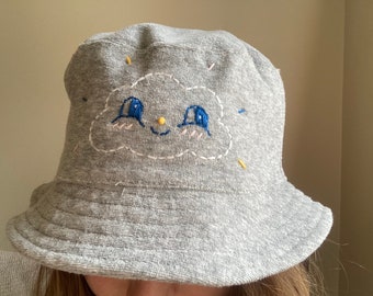 Embroidered Bucket Hat Terry Cloth Hat for Women Hat Trendy Embroidery Design Trendy Embroidery Kawaii Cloud Cute Cloud Design for Teen Girl