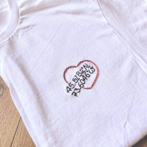 Coordinates in Heart Embroidery, Custom Hand-Embroidered Tshirt, Personalized Year or Date Tee, Customizable Chain-Stitch Shirt Gift from SO