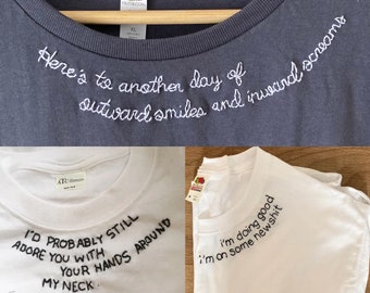 LYRICS CUSTOM EMBROIDERED collar embroidery design / custom song lyric shirt / custom collar embroidered custom tshirt / cursive quote shirt