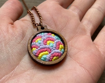 Hand Embroidered Pendant Mini Embroidery Hoop Necklace Embroidered Jewelry Rainbow Embroidery Pendant Embroidered Wearable Art Jewelry