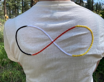 Medicine Wheel Shirt: Indigenous Reconciliation T, Embroider Infinity Metis Nation Flag, Eternity Symbol Tee Native Teaching Four Directions