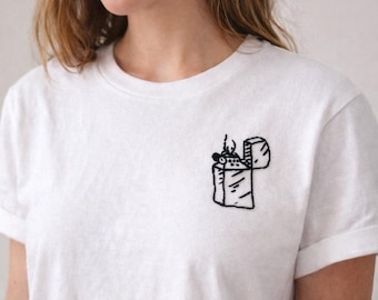 Lighter Tee (Flip Top Design): Classic Metal Butane Lighter Embroidery Art, Hand Embroidered Vintage Light Shirt for Smoker Gift, Tobacciana