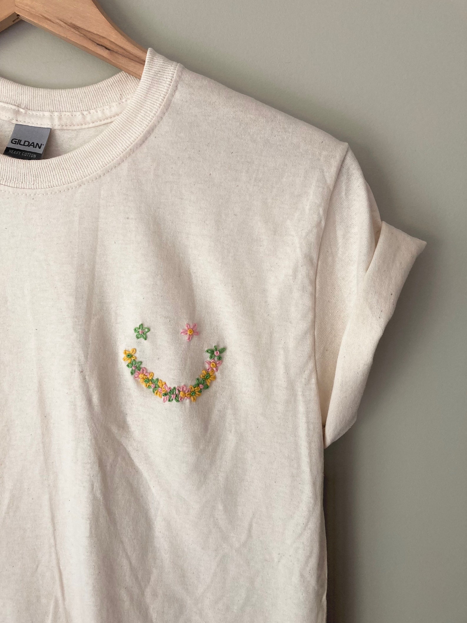 FLOWER SMILEY FACE shirt / hand embroidered tshirt cotton / | Etsy