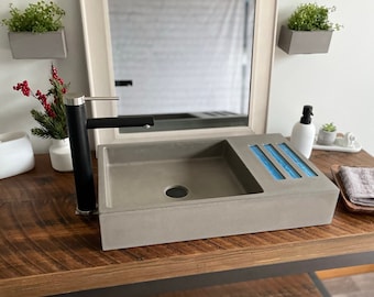 Concrete Stone Vessel Sink with Blue Resin Inlays, Vanity Top, Handmade Vanity, Rectangle, Concrete Sink, Modern sink, Minimalist Sink