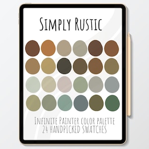 Op de afbeelding: Een digitaal kleurenpalet met 24 handgekozen kleursamples in tinten bruin, beige, grijs en groen. Het palet heeft de titel "Simply Rustic" en is gelabeld "Infinite Painter Color Palette".