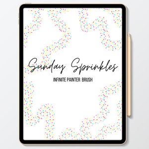 Op de afbeelding: Een digitale illustratie van een witte achtergrond met een kleurrijk sprenkelpatroon. De tekst "Sunday Sprinkles" is in zwart en de tekst "Infinite Painter Brush" is in grijs.