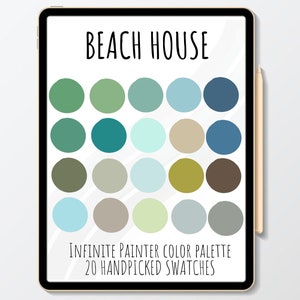 Pode incluir: Uma paleta de cores digital com o título "Beach House" e 20 amostras selecionadas à mão em tons de verde, azul, marrom e bege. A paleta é rotulada como "Infinite Painter Color Palette 20 Handpicked Swatches".