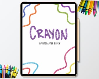 May include: A digital illustration of the word "CRAYON" in purple with a wavy, colorful border. The text "INFINITE PAINTER BRUSH" is below the word "CRAYON".